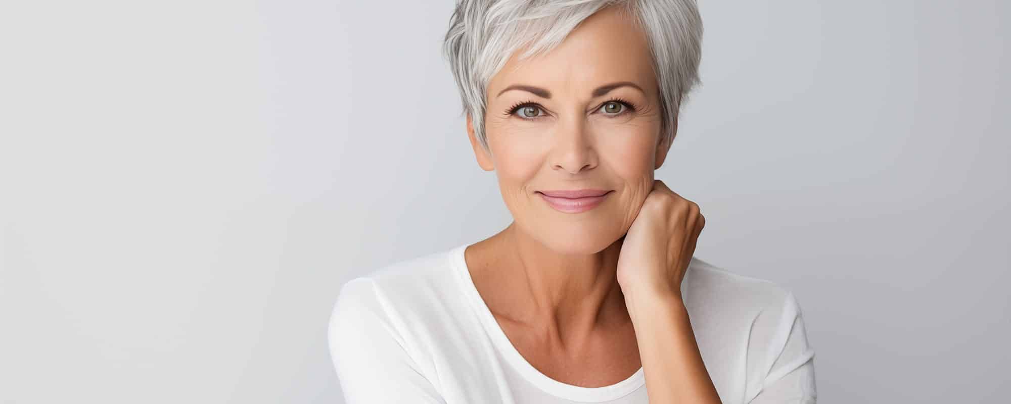 Glimlachende vrouw met gladde, frisse huid na professionele rimpelbehandeling